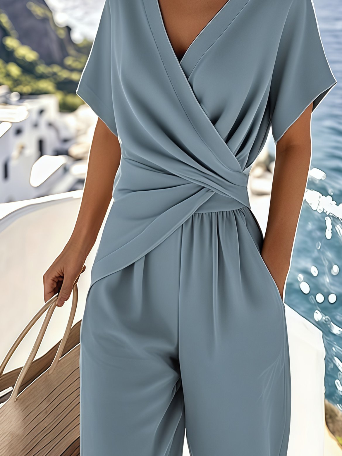 Women's Summer Cross-Neck Pleated Suit