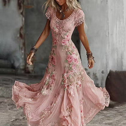 Women's Bohemia Rose Floral Embroidered Art Flowy Maxi Dress