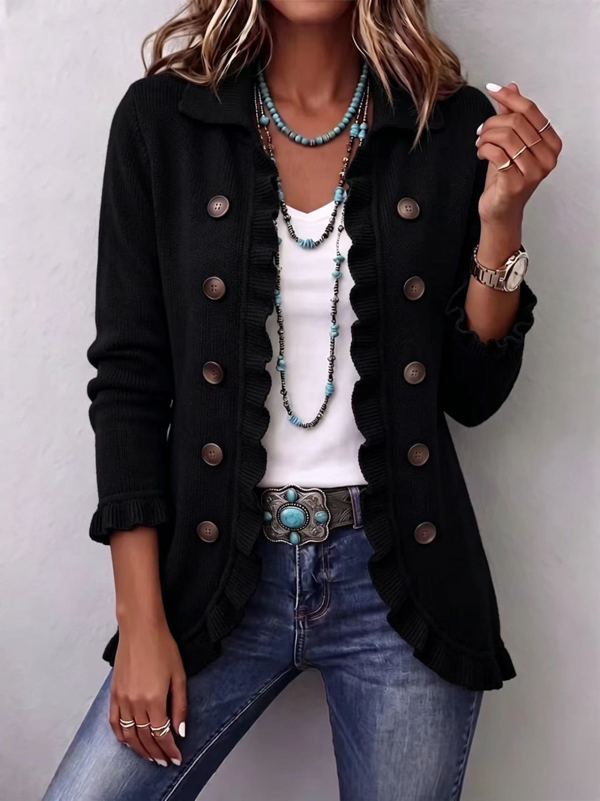 Camila | Black Knit Jacket with Ruffles