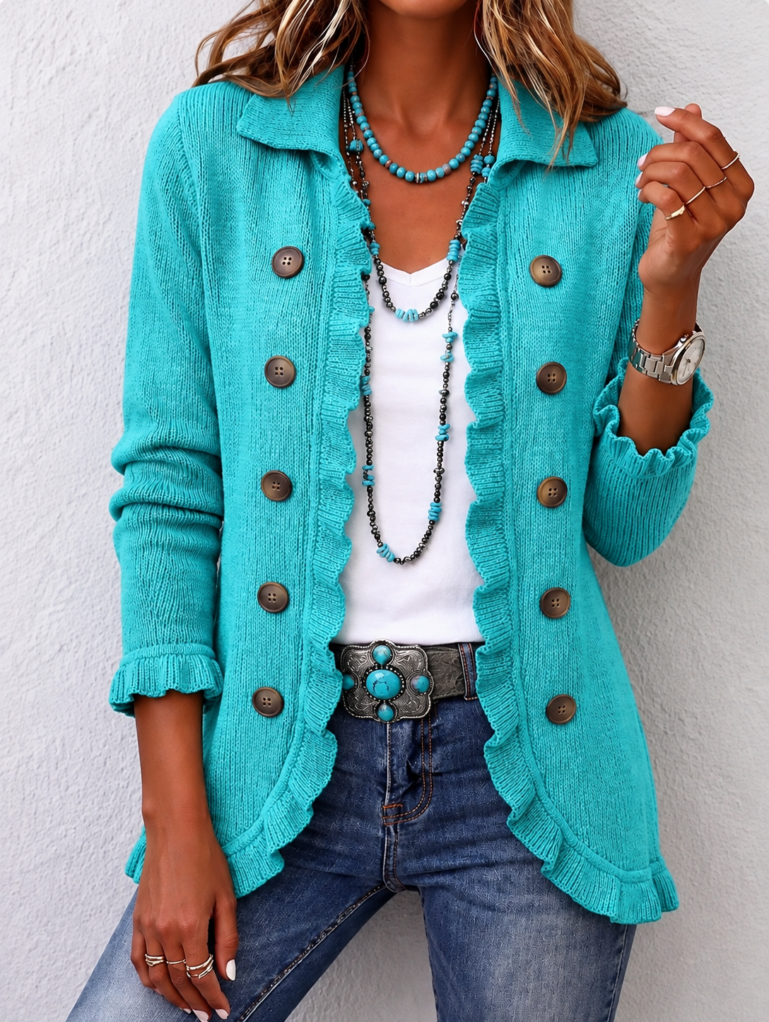 Maribel | Turquoise Knit Jacket with Ruffles