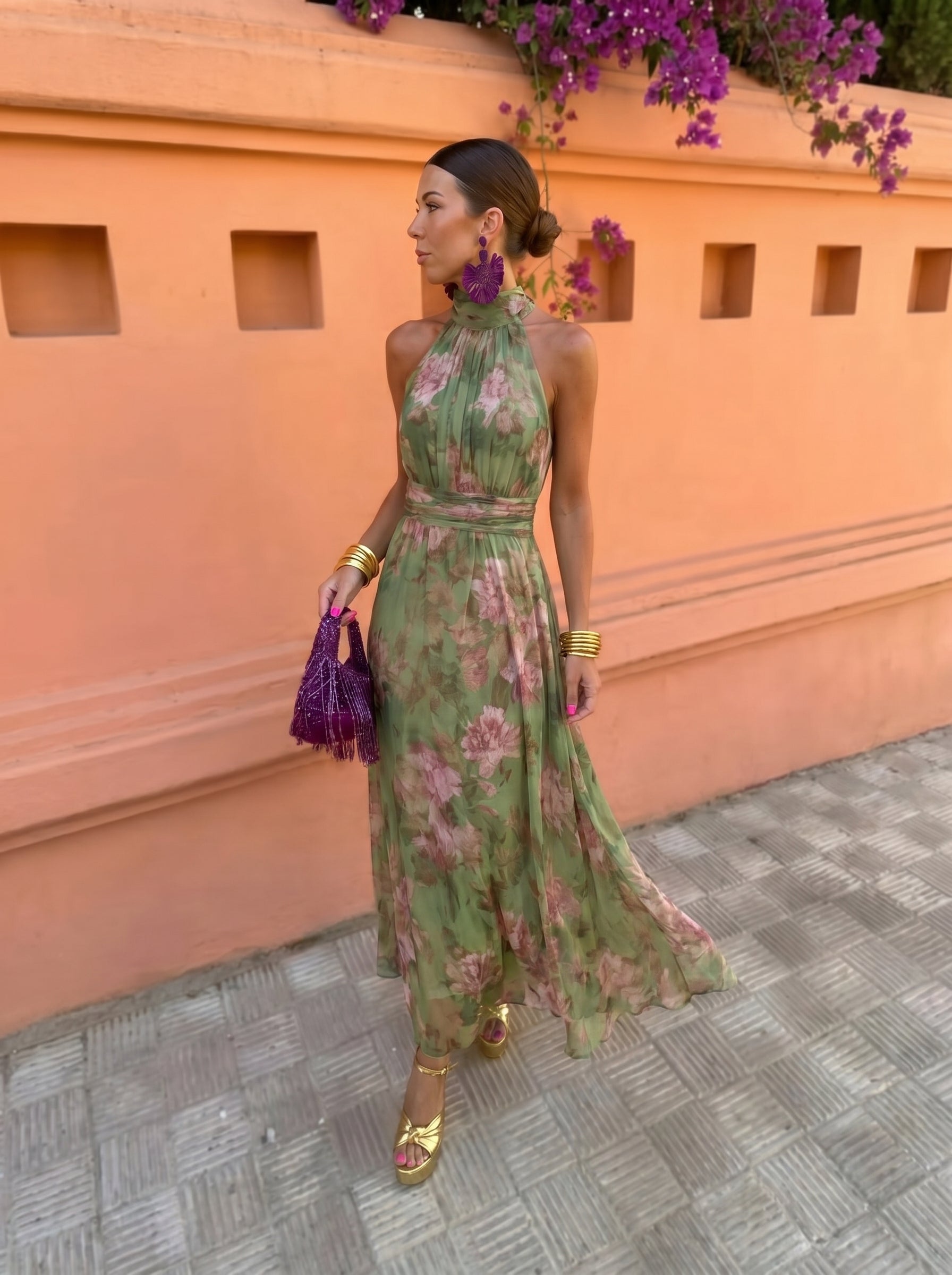 Florencia™ | Long Floral Dress with Low Neckline