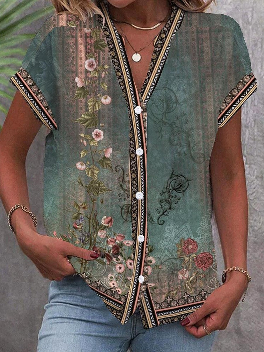 Vintage Green Watercolor Floral Print Blouse
