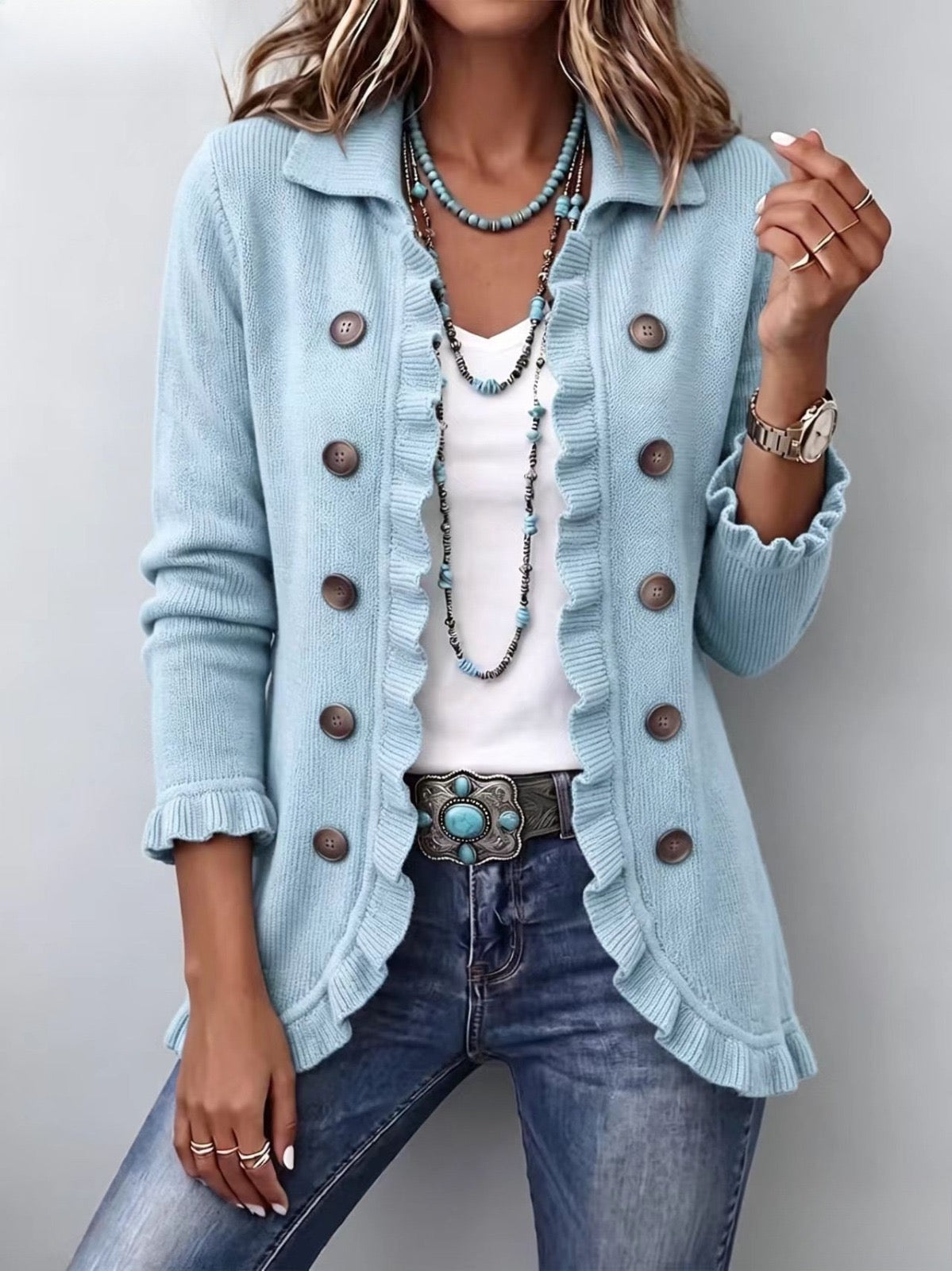 Cecilia | Dusty Blue Knitted Jacket with Ruffles