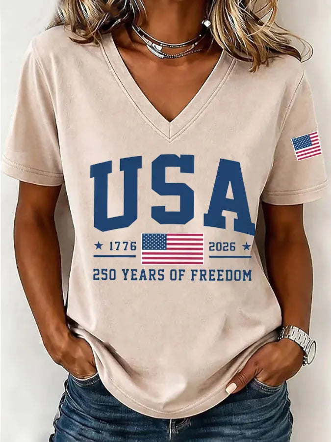 Women's America Flag Floral Print Casual V-Neck T-Shirt