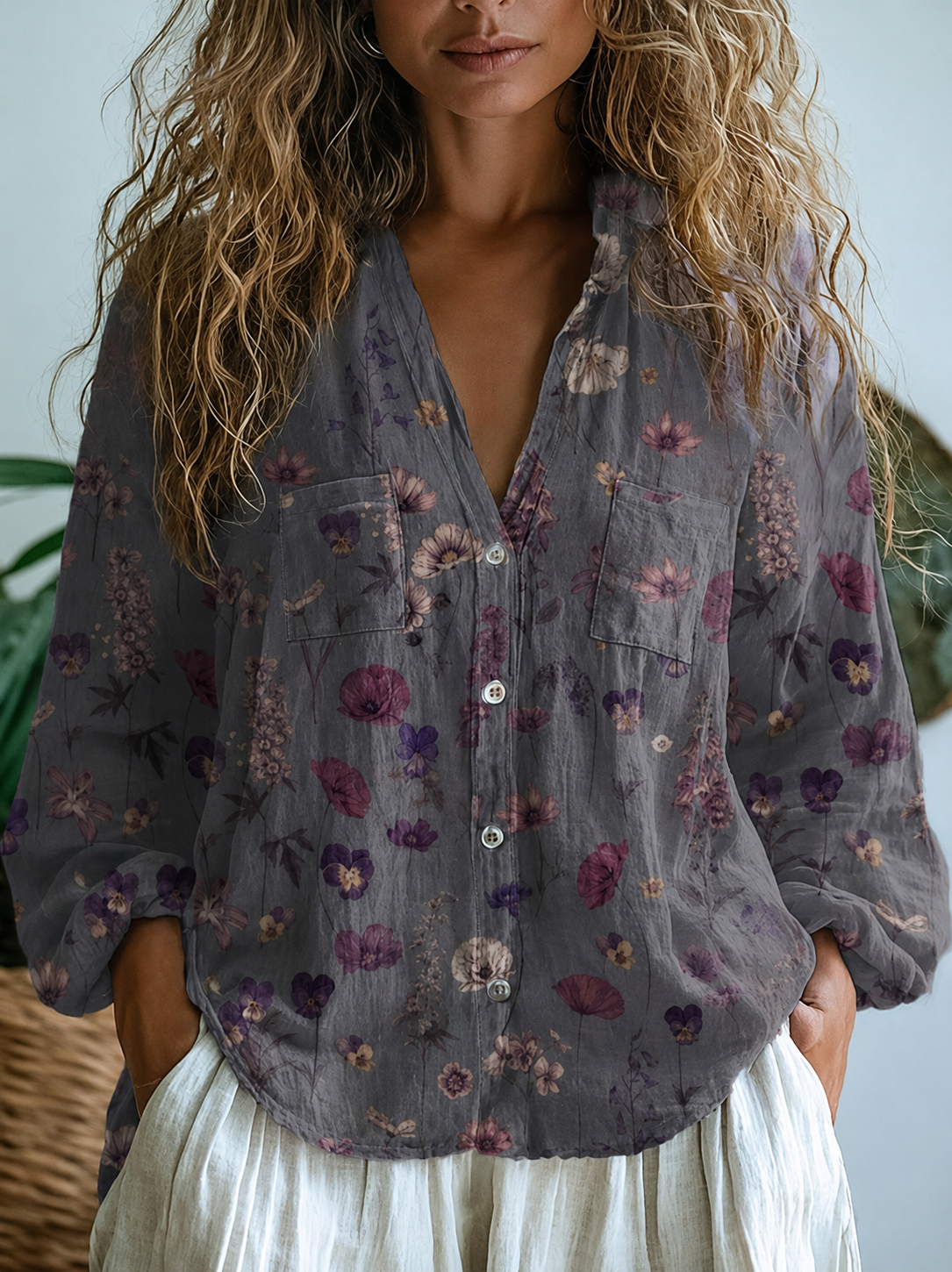 Women's Retro Floral Art Print Casual Long Sleeve Comfortable Cotton Shirt