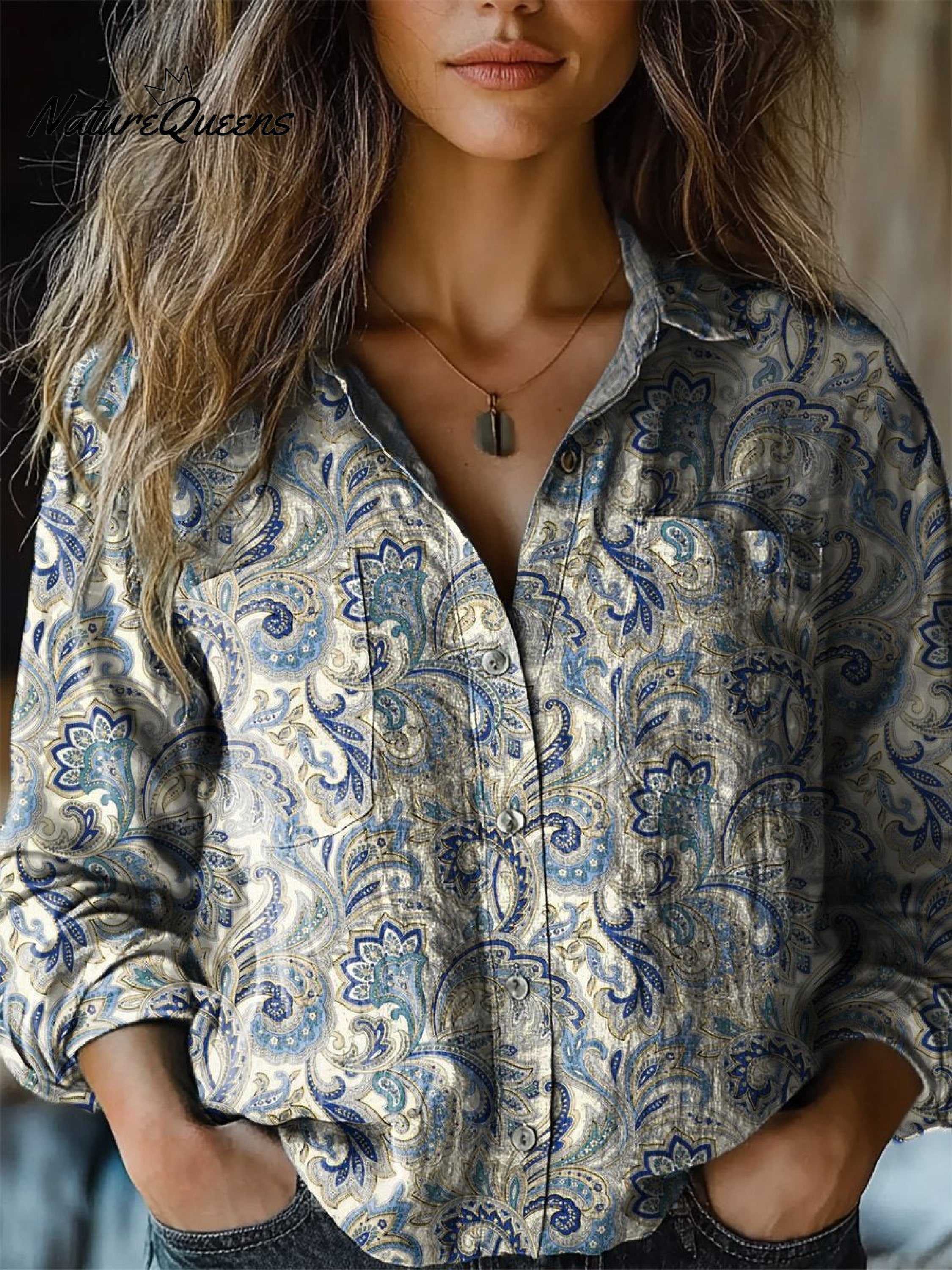 Vintage Floral Pattern Printed Women's Casual Long Sleeve Comfortable Cotton Shirt