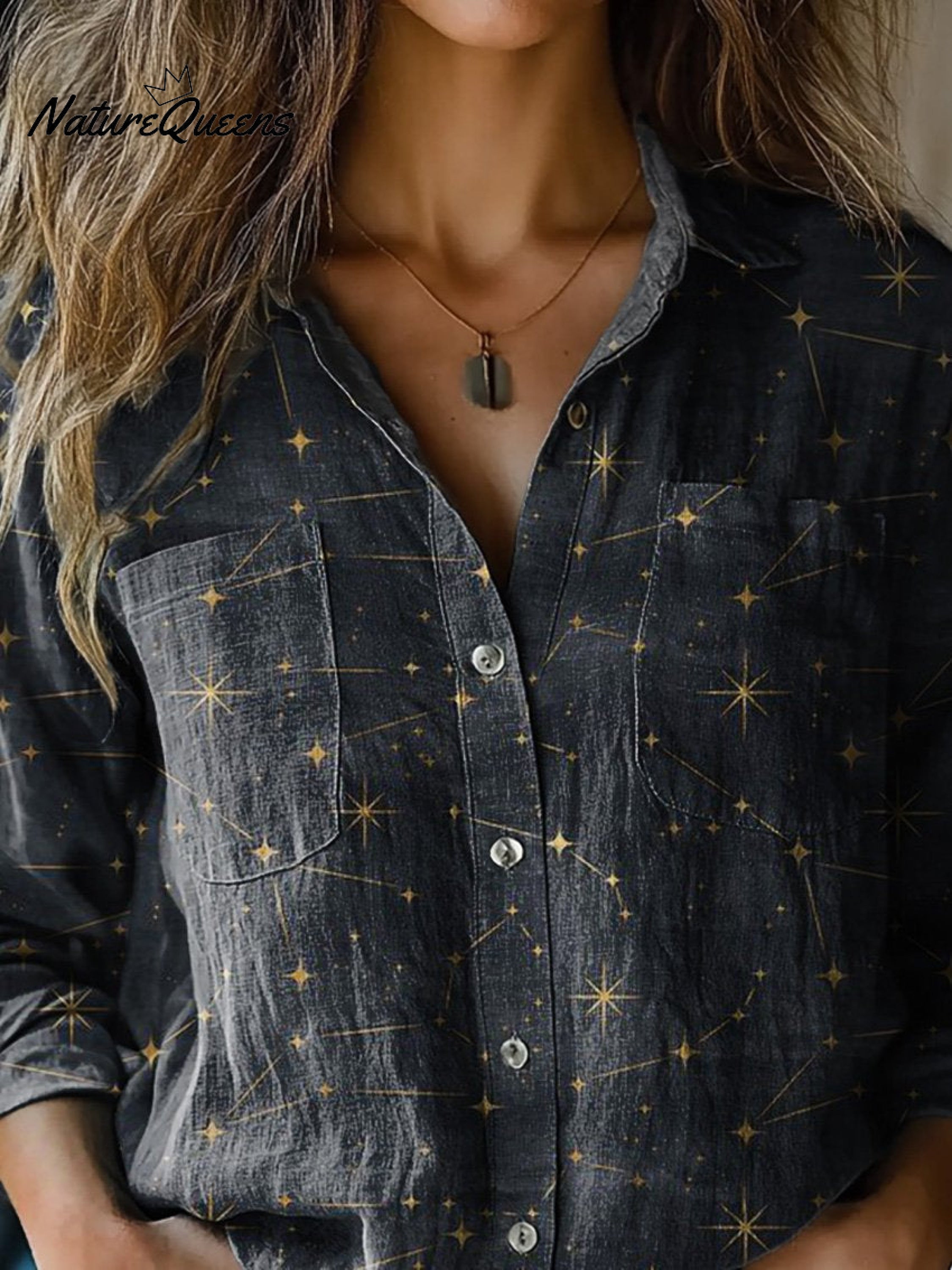 Night Sky And Star Pattern Printed Women's Casual Long Sleeve Comfortable Cotton Shirt
