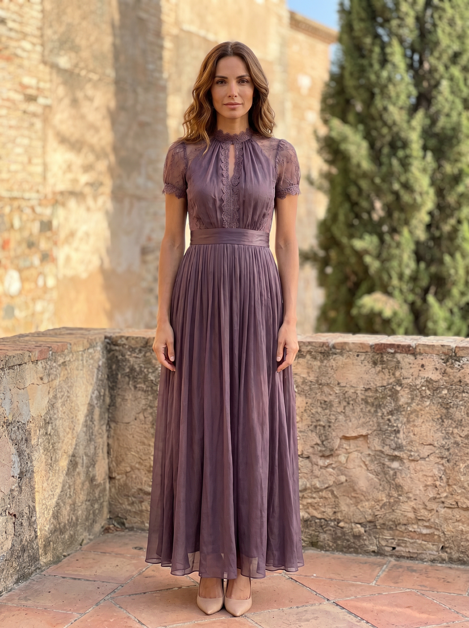 Flavia | Long purple dress with keyhole neckline, chiffon lace trim