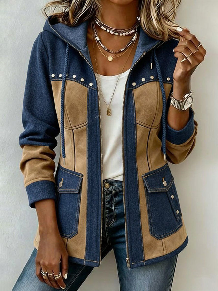 Adriana | Hooded Jacket in Navy and Camel