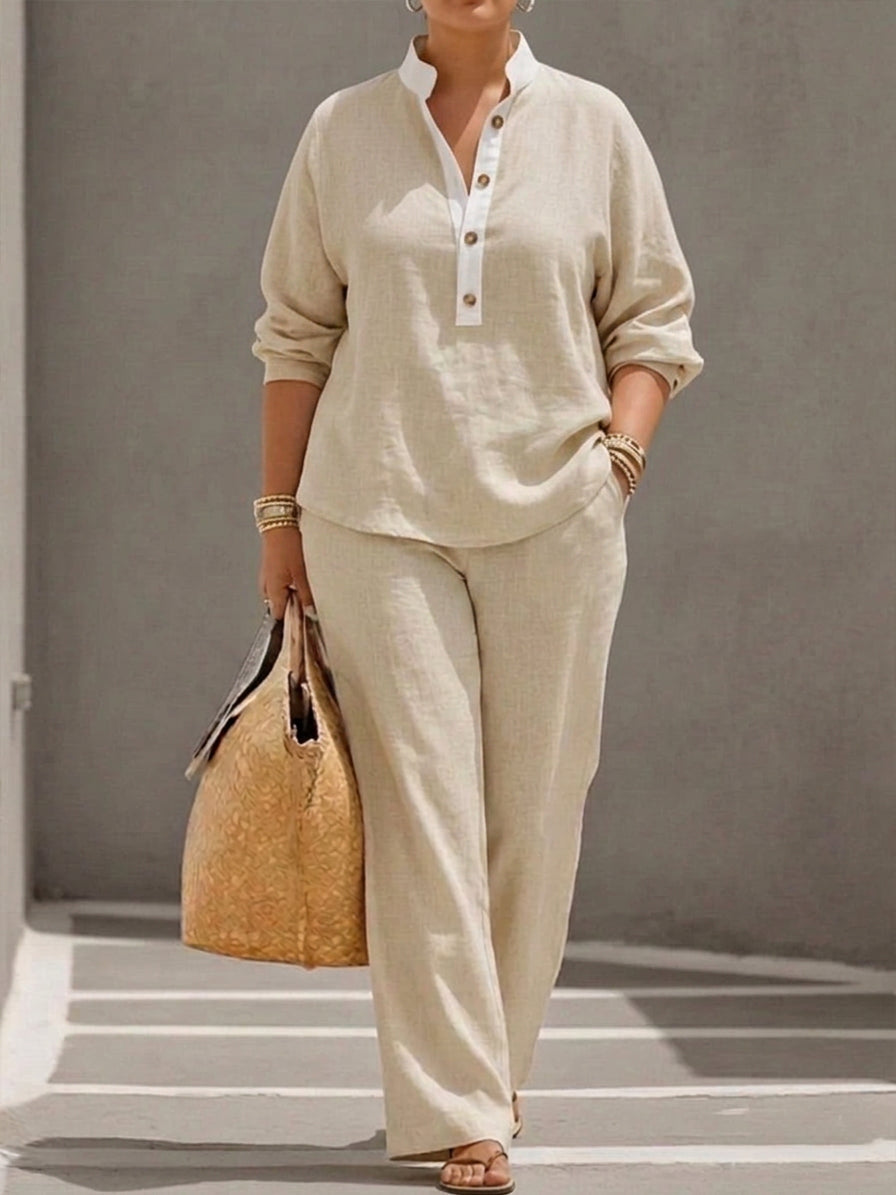 Wanda | Co-ord Set Two-Piece Linen-Effect With Batwing Sleeves & Trousers Flowing