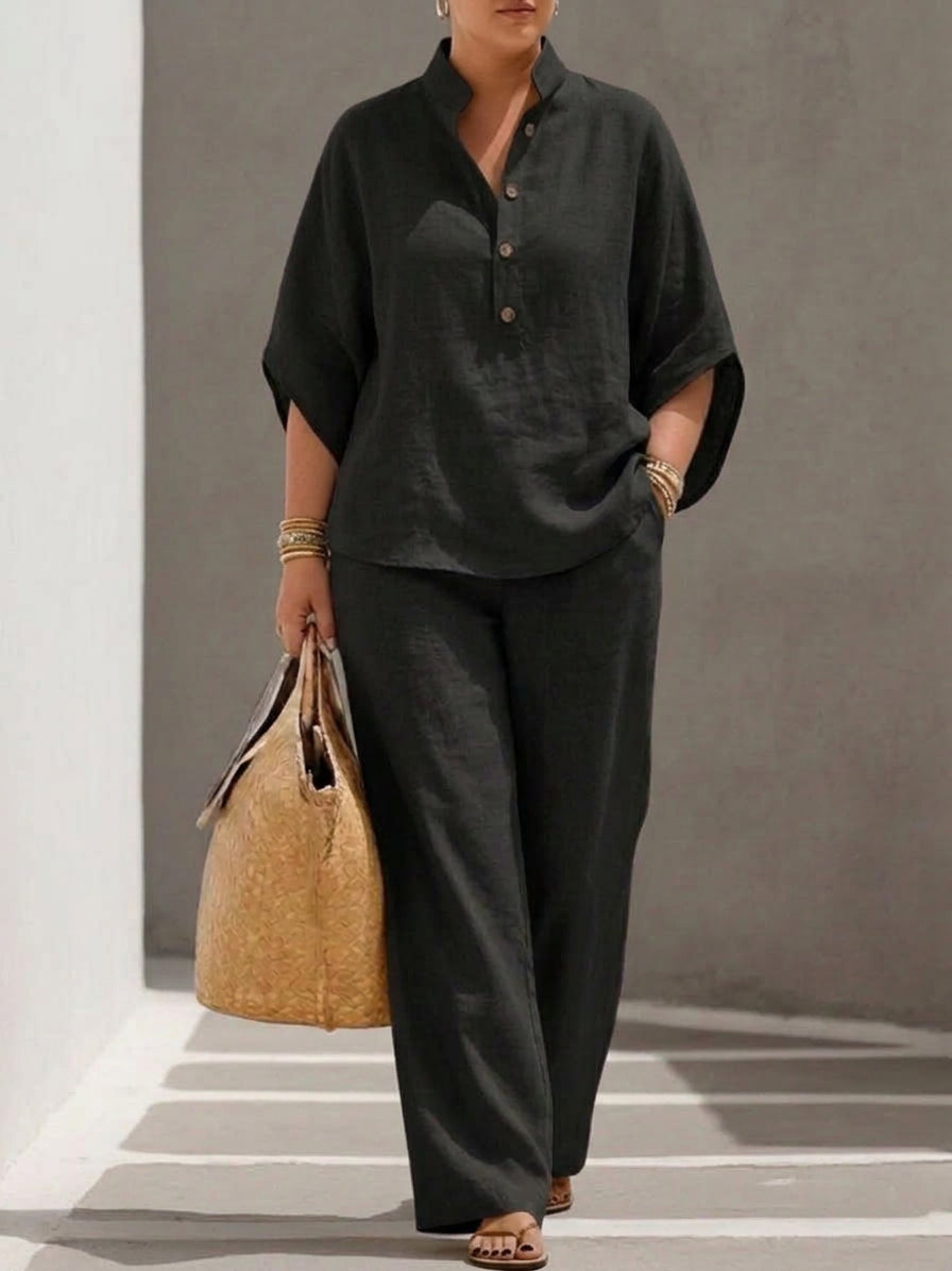 Wanda | Co-ord Set Two-Piece Linen-Effect With Batwing Sleeves & Trousers Flowing
