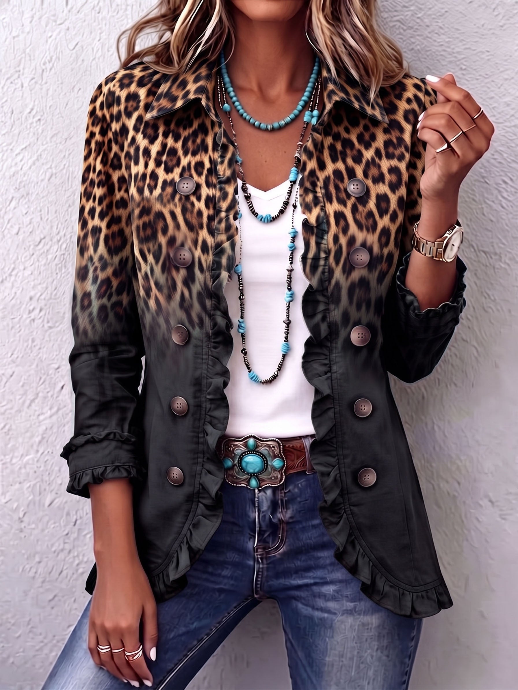 Sabina | Black Leopard Blazer Jacket with Ruffles
