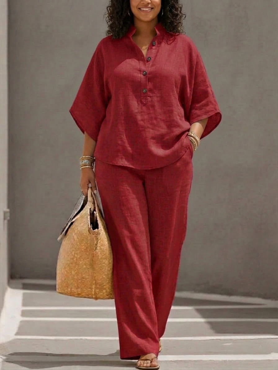 Wanda | Co-ord Set Two-Piece Linen-Effect With Batwing Sleeves & Trousers Flowing