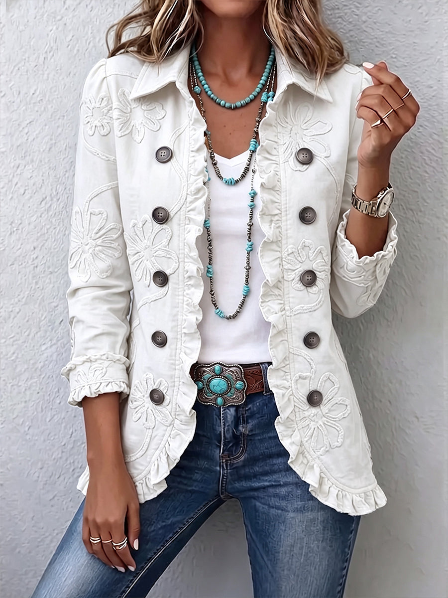 Marisol | Ivory Embroidered Jacket with Ruffles