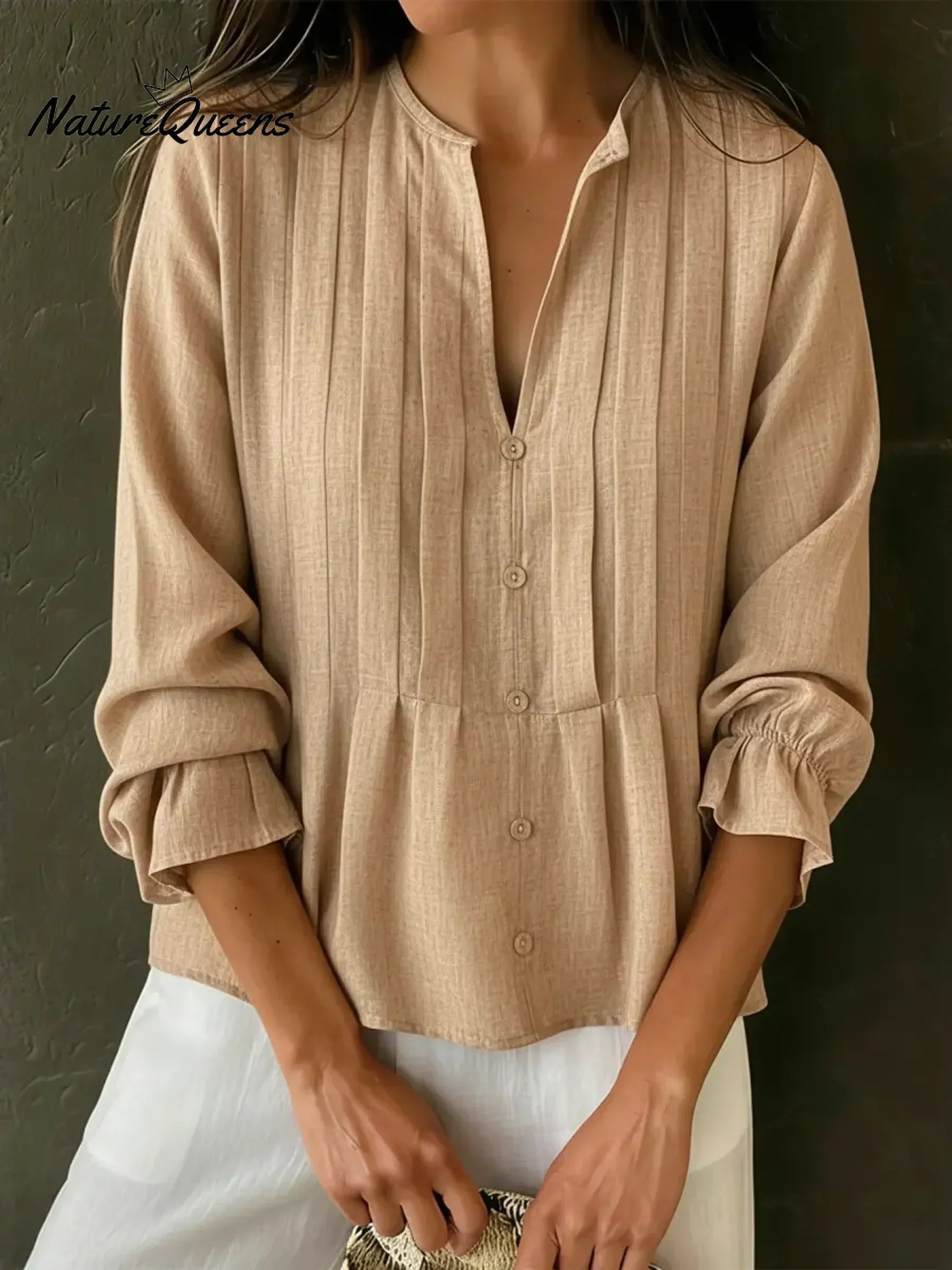 Women's Solid Color Cotton And Linen Pleated Top