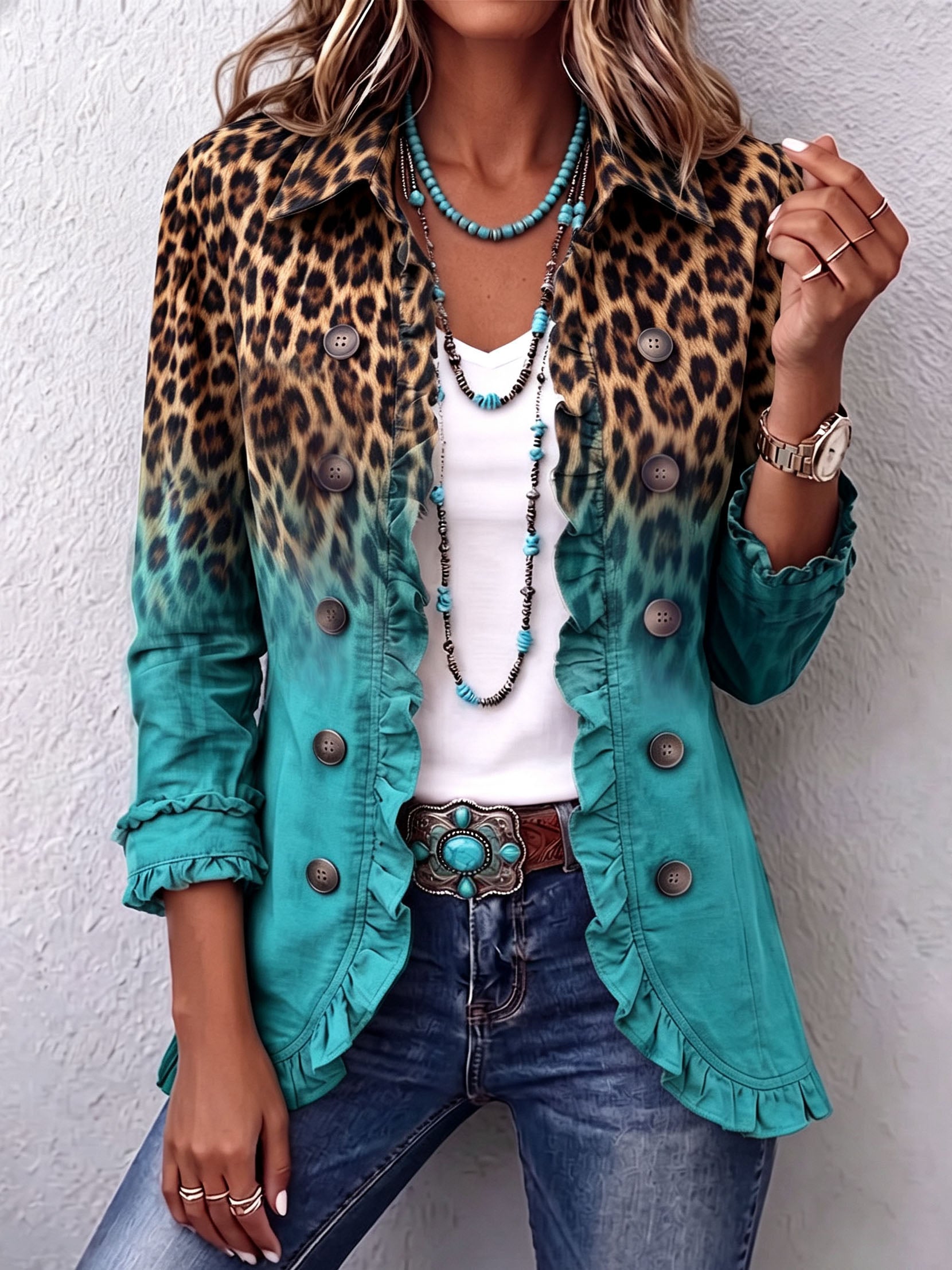Mercedes | Leopard Gradient Blazer Jacket with Ruffles