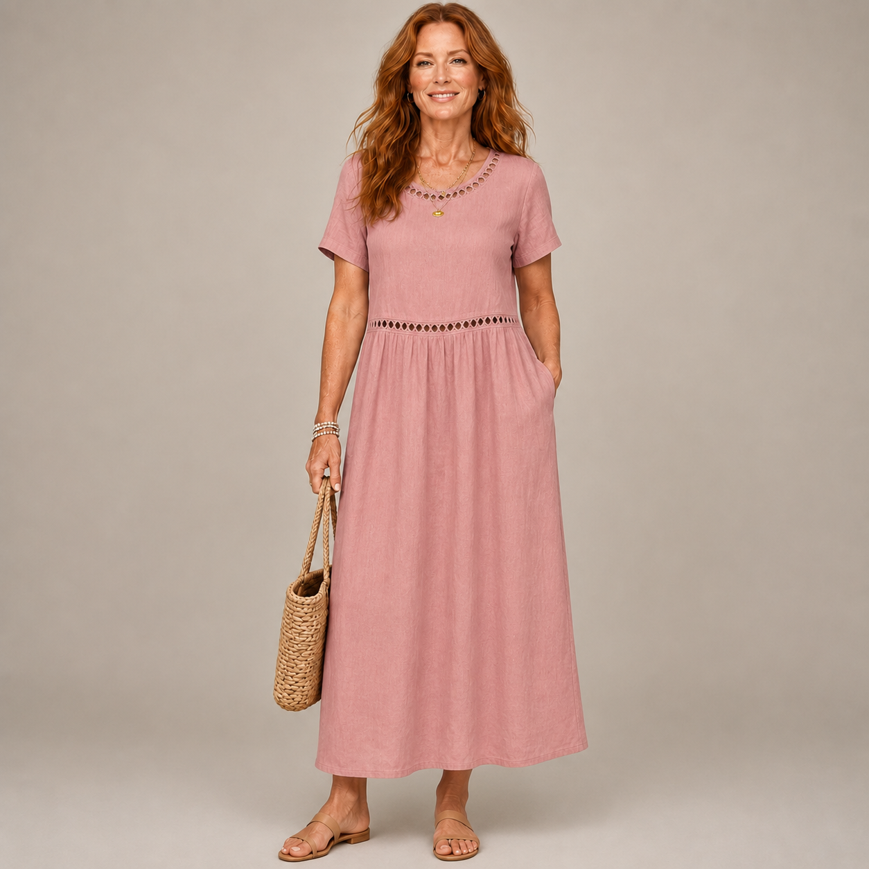 Elin | Embroidered Midi Dress in Cotton and Linen