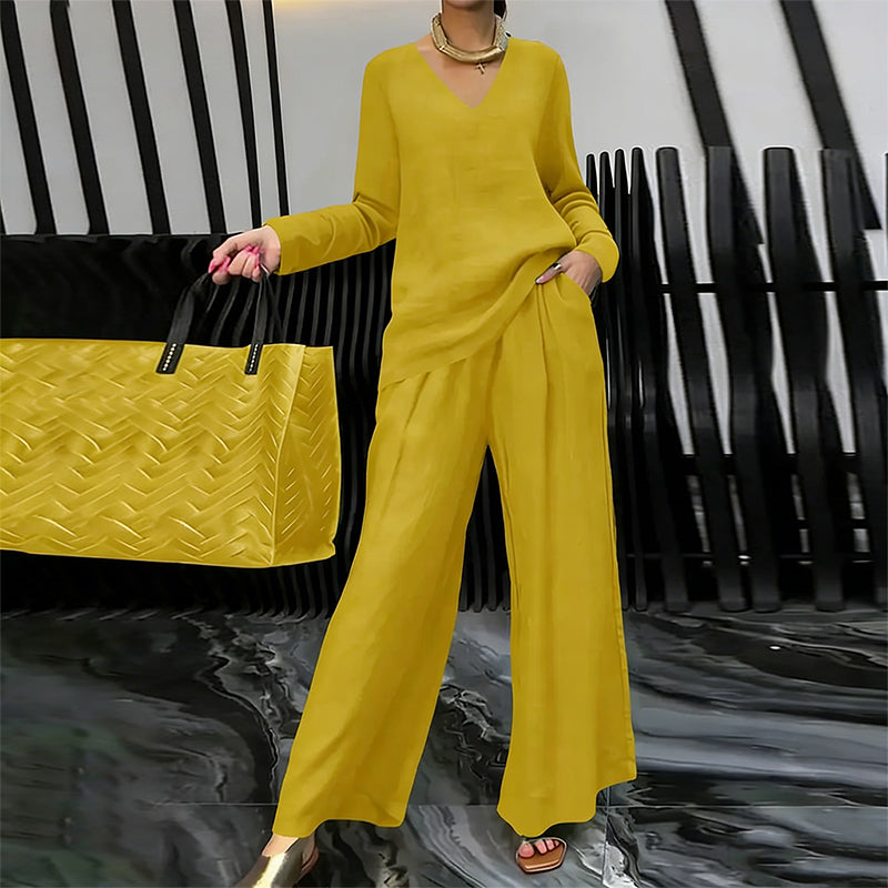 Amber | Women's V-Neck Lounge Set with Wide-Leg Pants