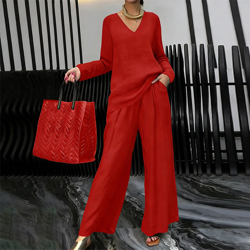 Amber | Women's V-Neck Lounge Set with Wide-Leg Pants
