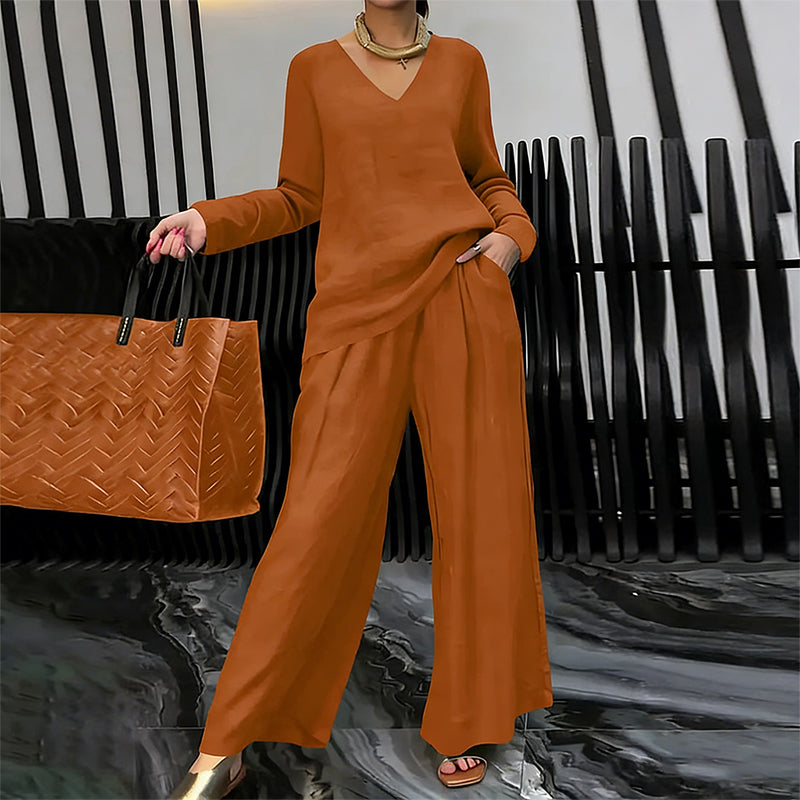Amber | Women's V-Neck Lounge Set with Wide-Leg Pants