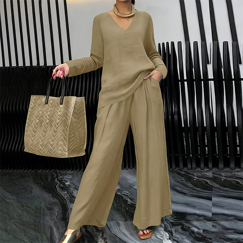 Amber | Women's V-Neck Lounge Set with Wide-Leg Pants