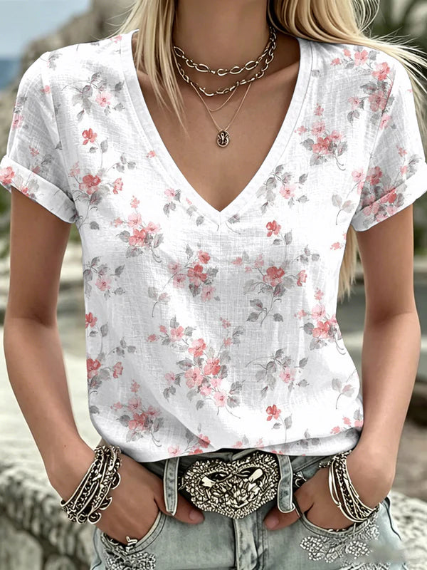 Women's Breast Cancer Pink Flowers Print V-Neck Casual T-Shirt