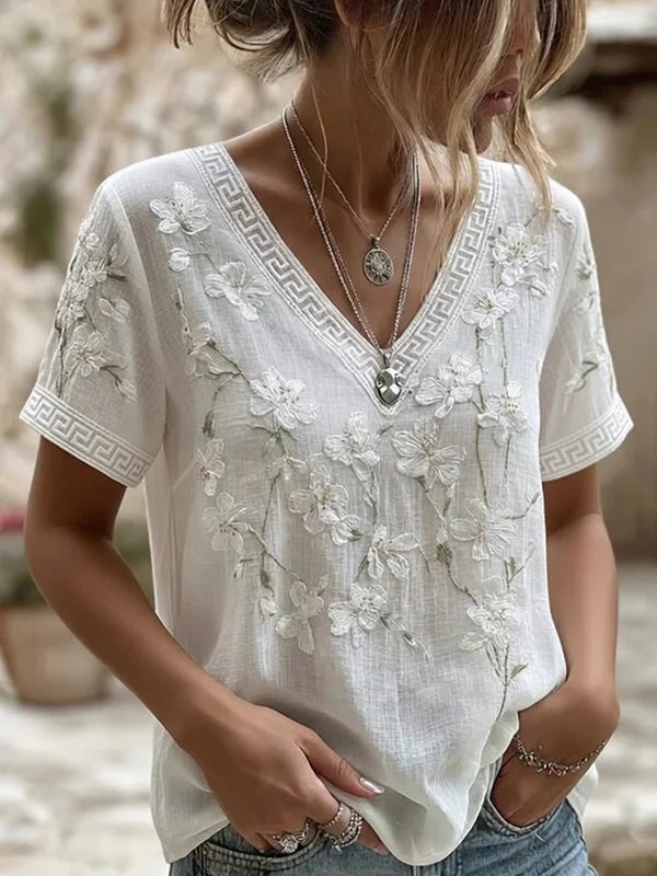 Women's Retro Embroidered Floral Art Print Casual Comfort T-shirt