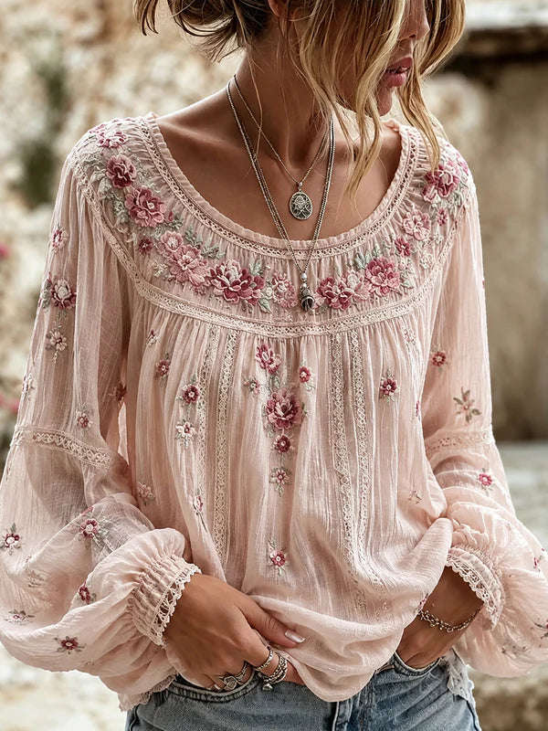 Women's Vintage Floral Art Print Casual Cotton-Linen Top