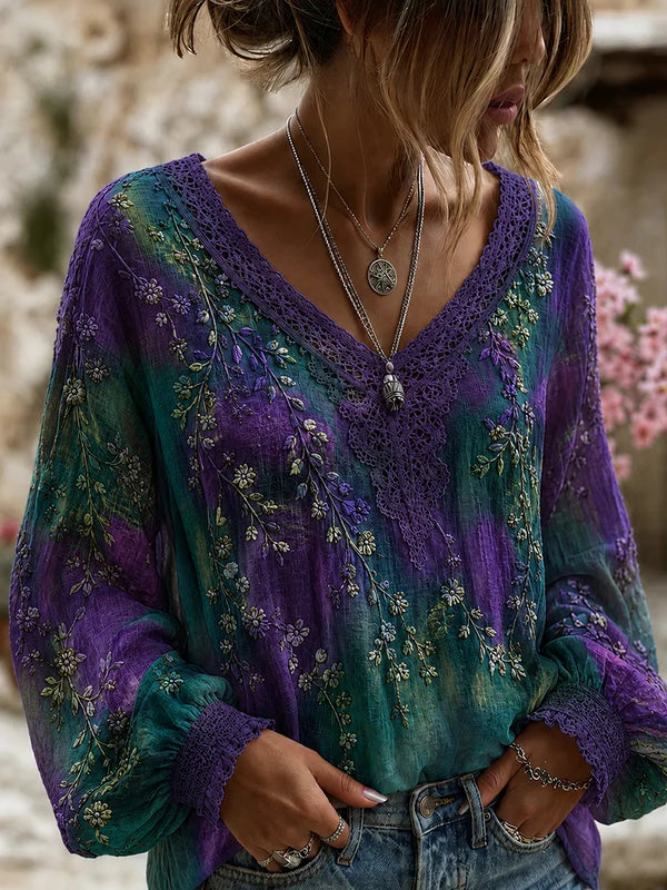 Women's Vintage Floral Art Print Casual Cotton-Linen Top