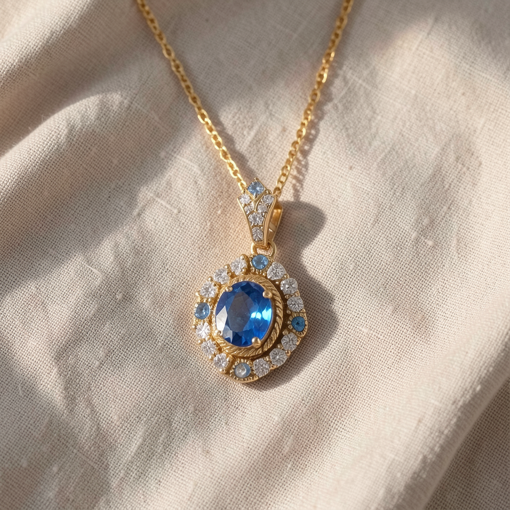 Sapphire Oval Double Halo Pendant Necklace – Gold