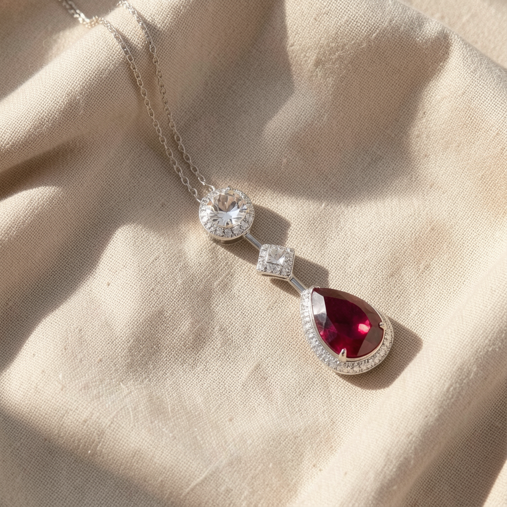 Ruby Teardrop Crystal Halo Drop Necklace