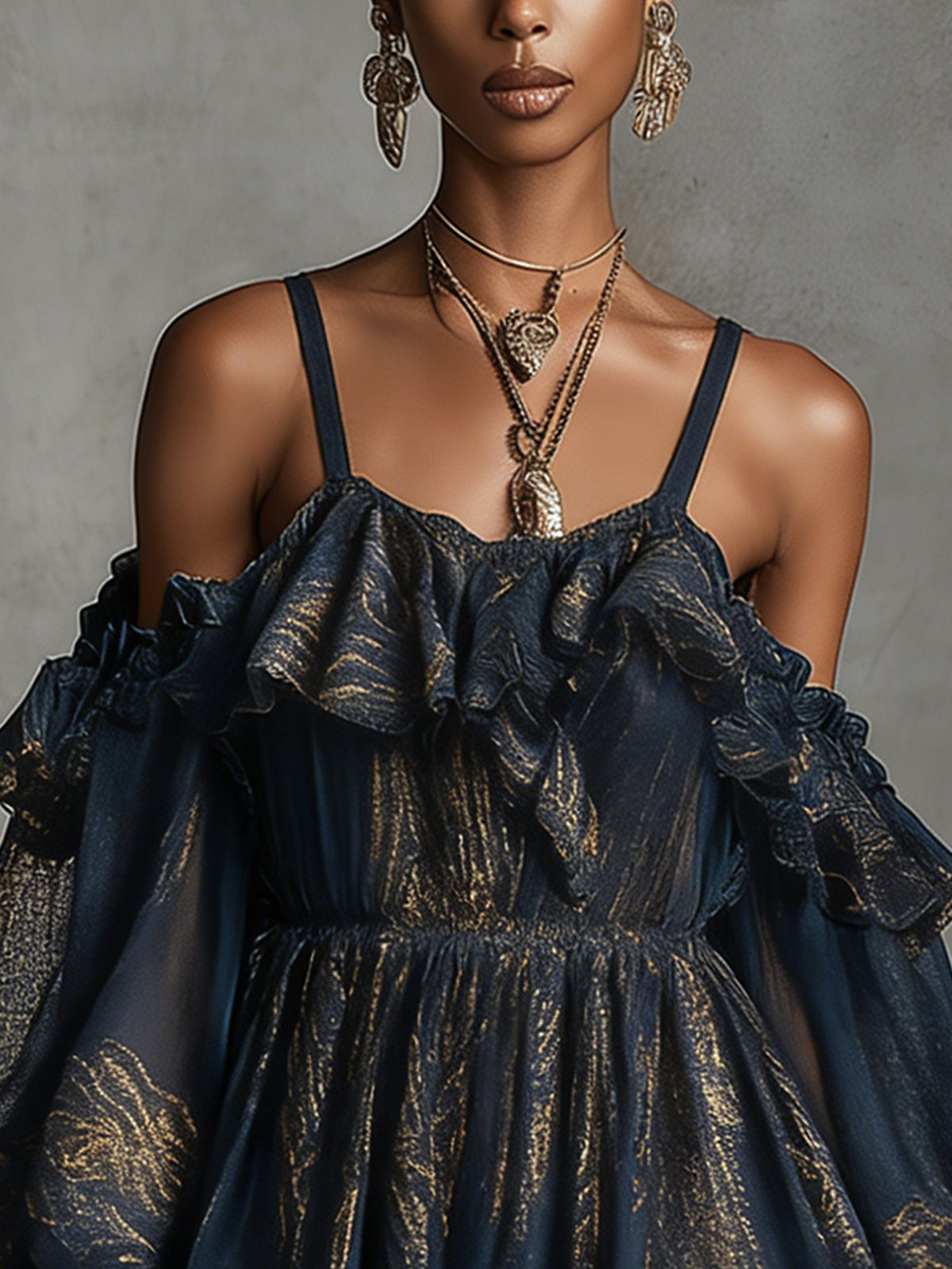 Navy Off-Shoulder Ruffled Printed Chiffon Mini Dress