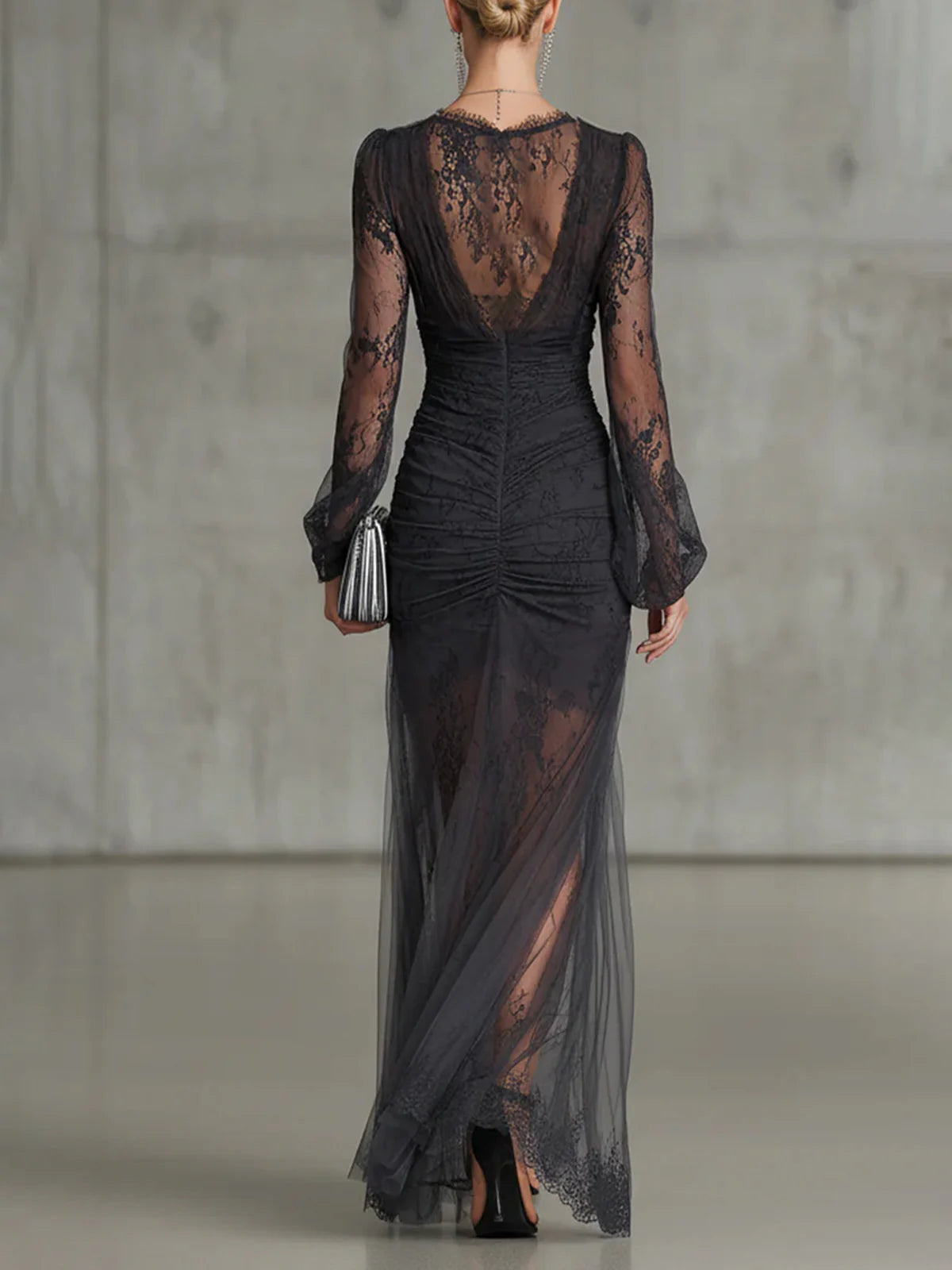 Dark Grey Lace Ruched Sheer Long Sleeve Slit Maxi Dress