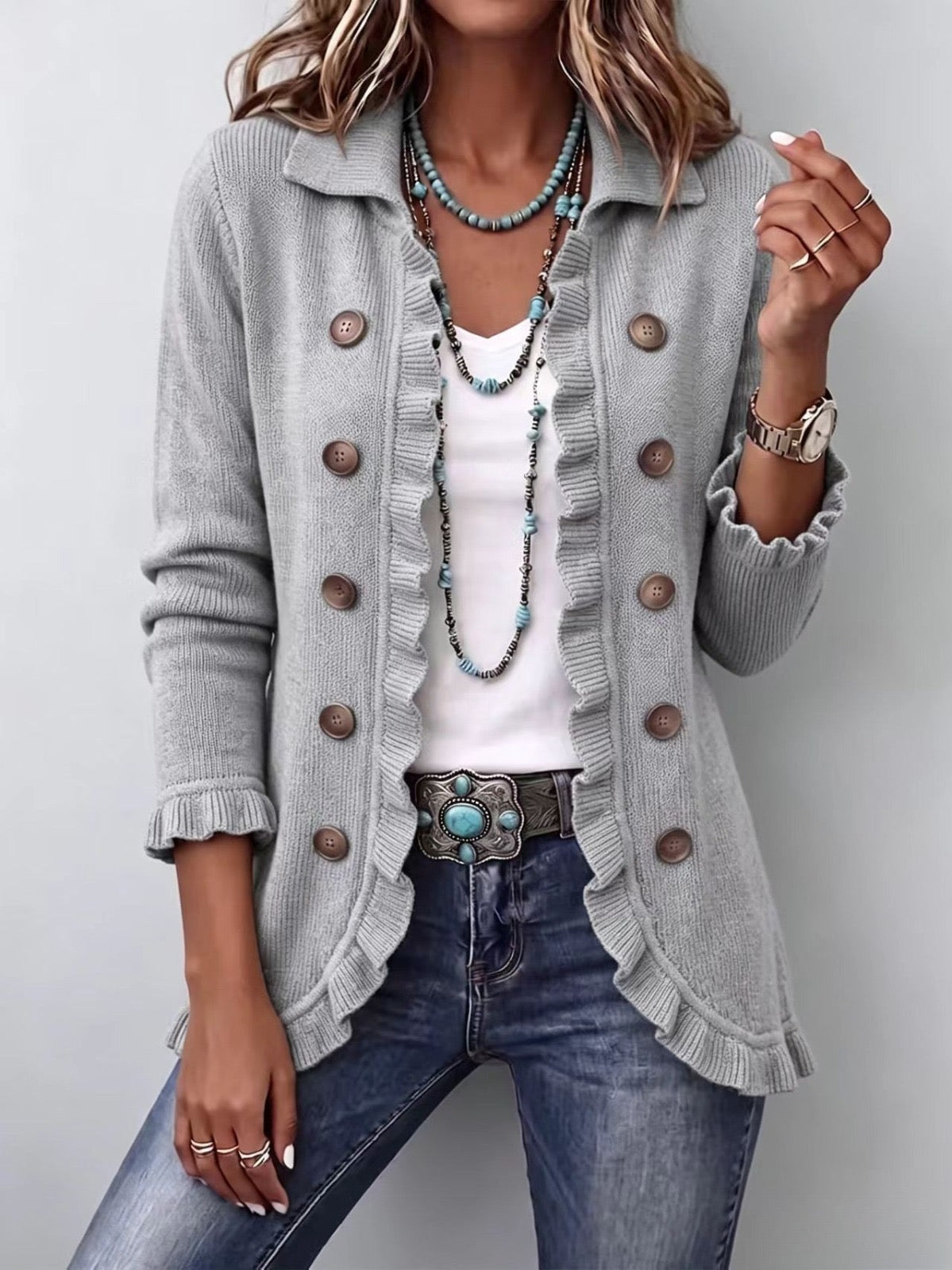 Eloísa | Gray Marled Knit Jacket with Ruffles