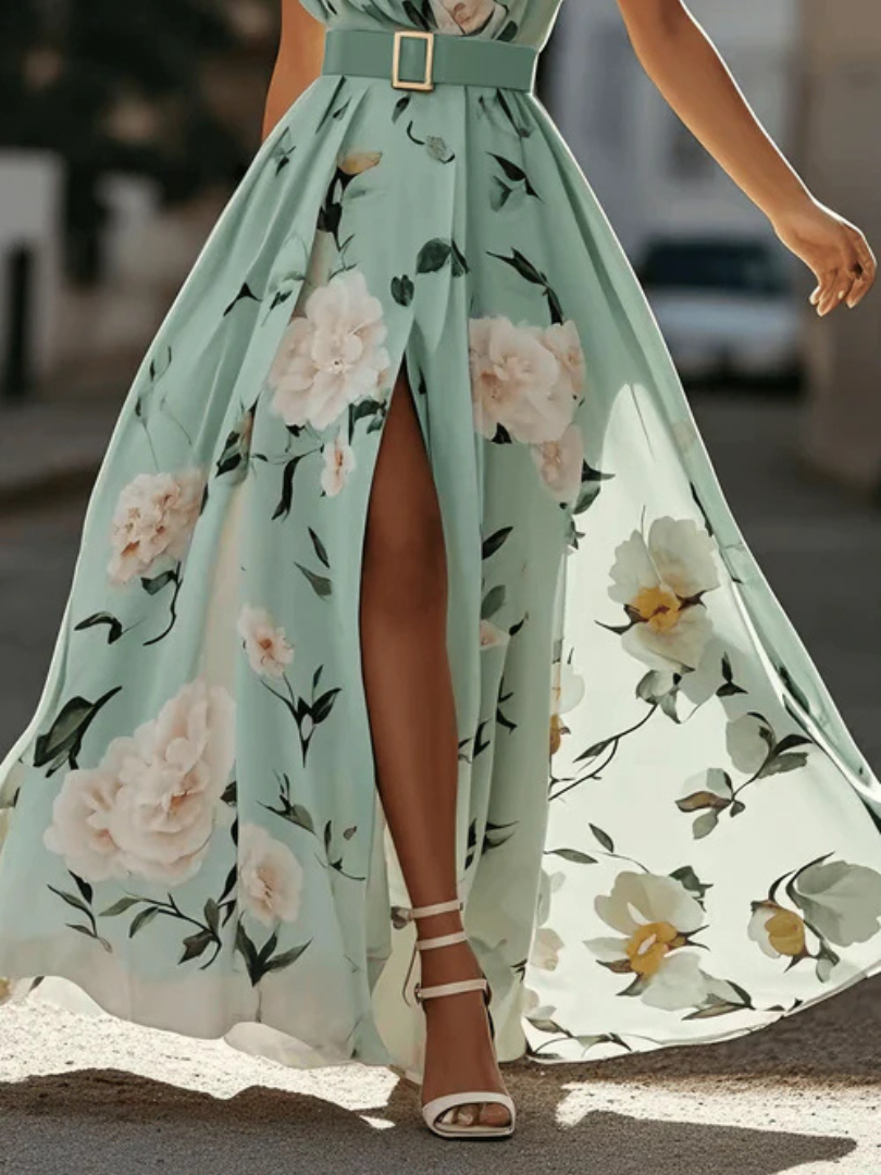 Eleanora™ | Floral Asymmetrical Shoulder Chiffon Maxi Dress