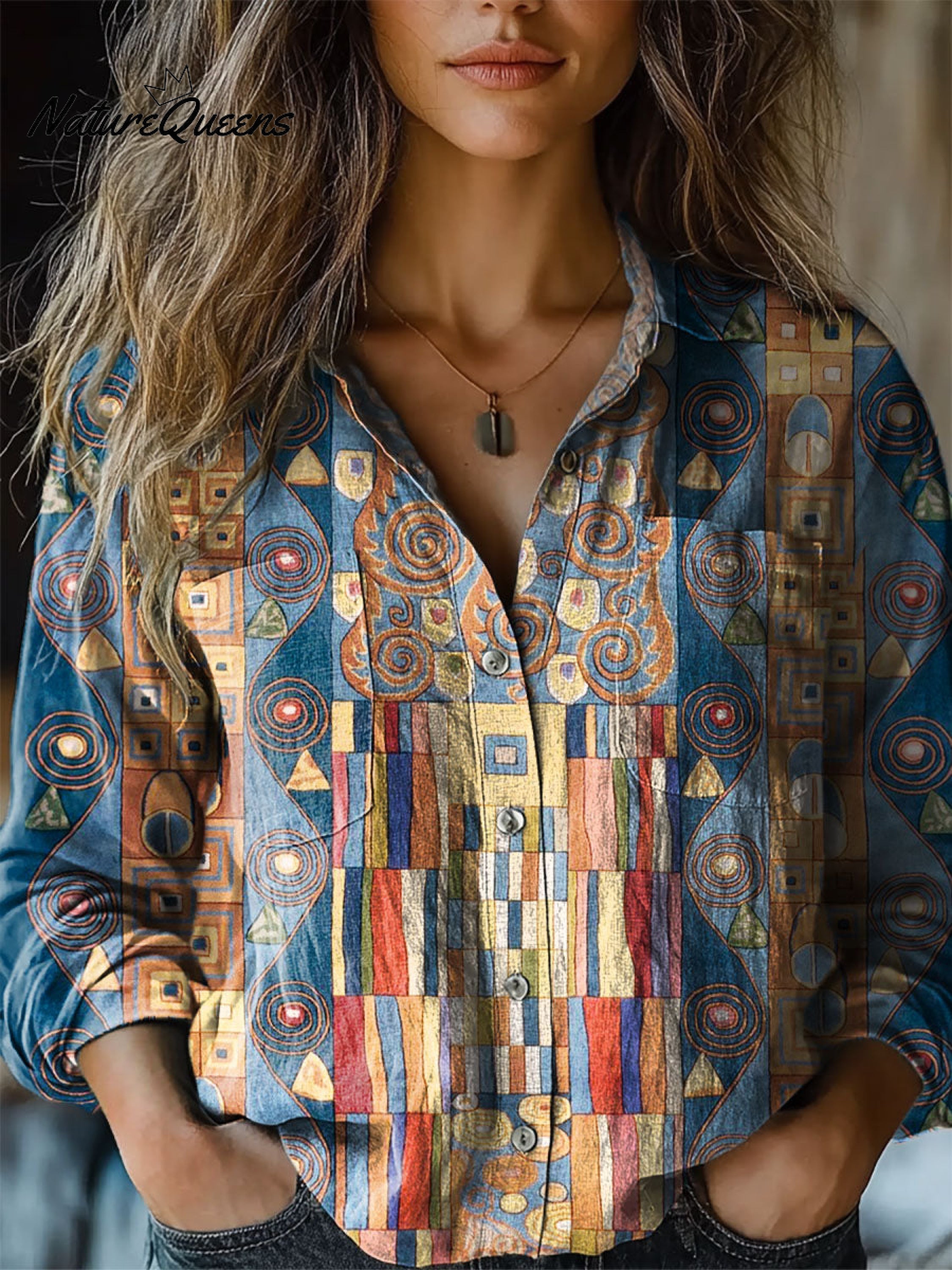 Women's Abstract Geometric Pattern Art Print Casual Long Sleeve Comfortable Cotton Shirt