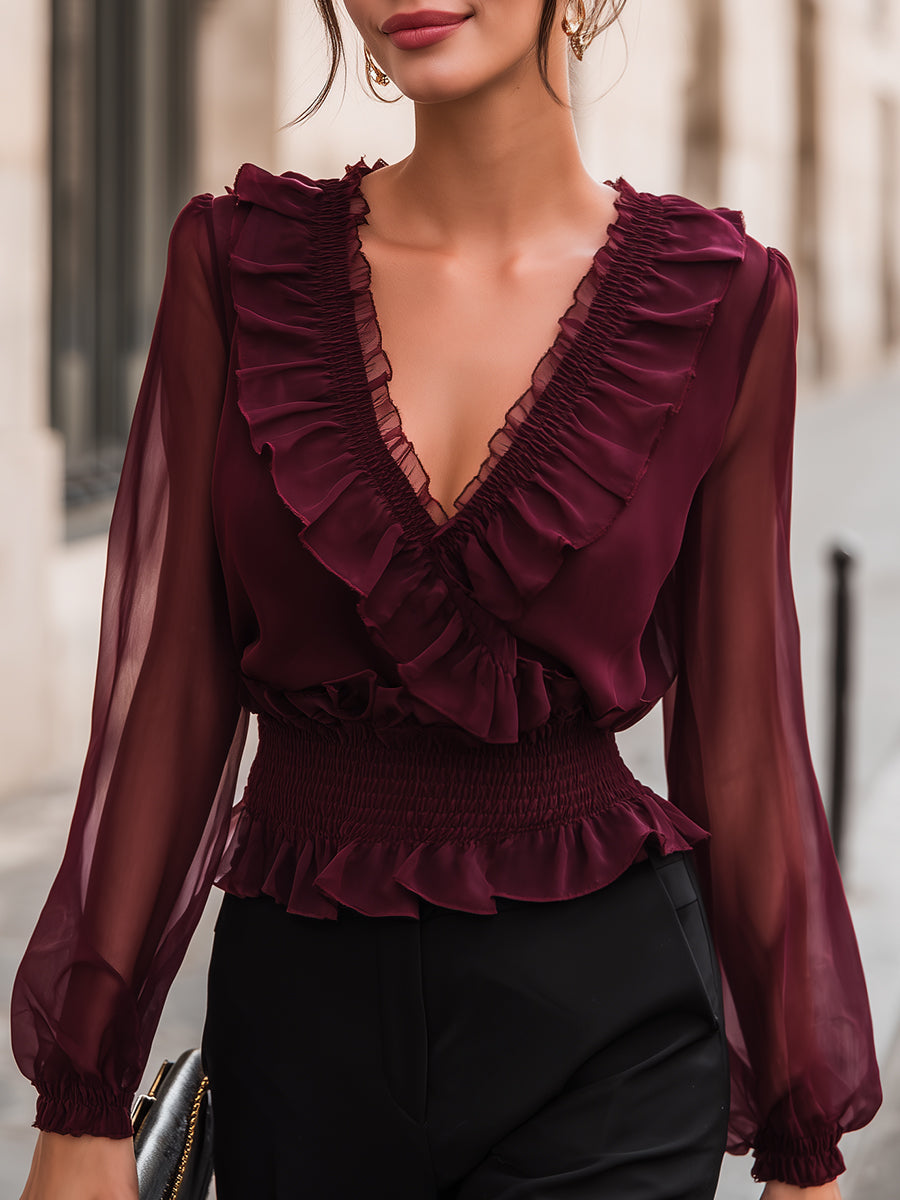 Romantic Ruffle Trim Smocked Waist Chiffon Blouse