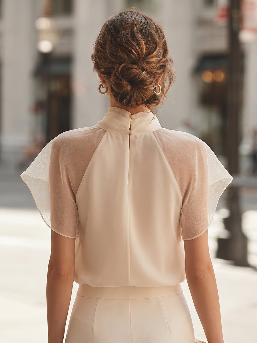 Flutter Sleeve Mock Neck Blouse with Soft Draped Silhouette
