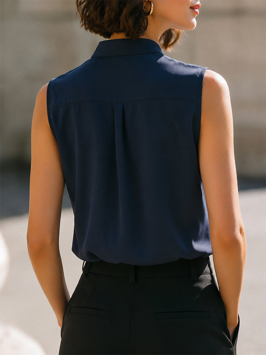 Stand Collar Sleeveless Button-Front Blouse