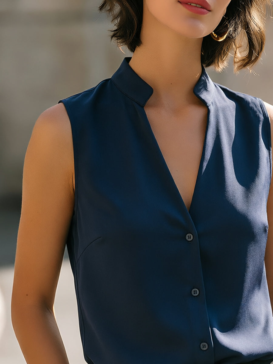 Stand Collar Sleeveless Button-Front Blouse