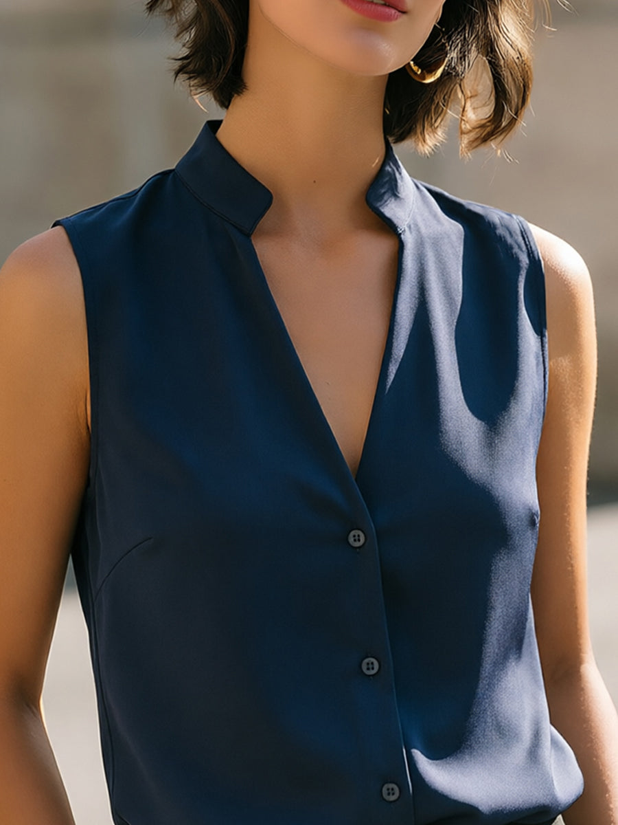 Stand Collar Sleeveless Button-Front Blouse