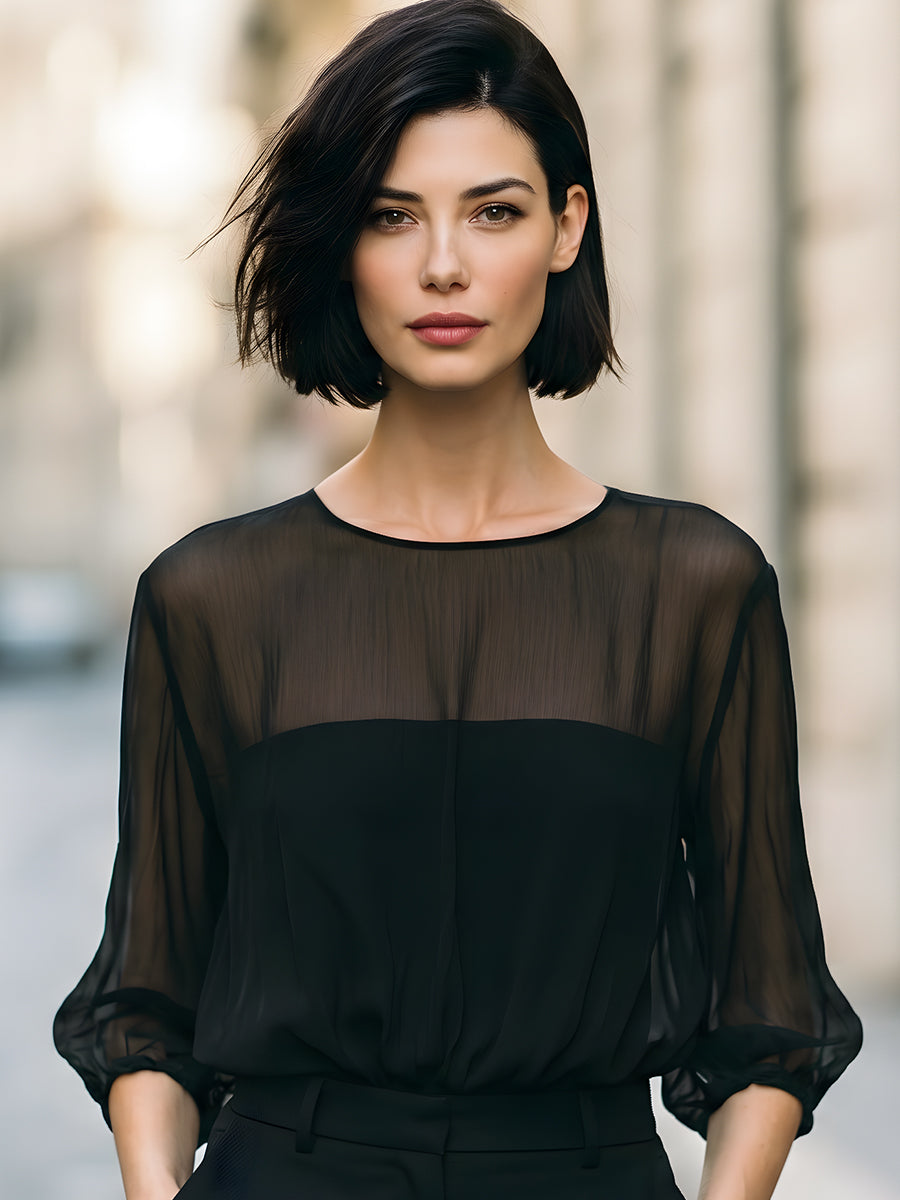 Sheer Puff Sleeve High-Neck Blouse