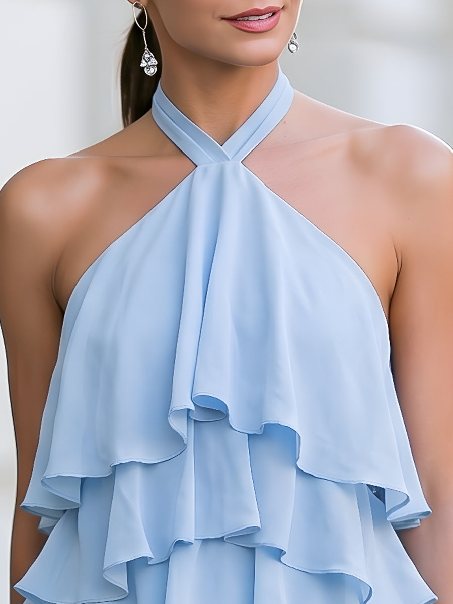 Halter-Neck Layered Ruffle Chiffon Top
