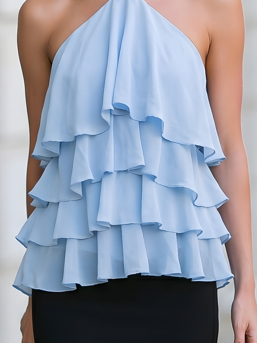 Halter-Neck Layered Ruffle Chiffon Top