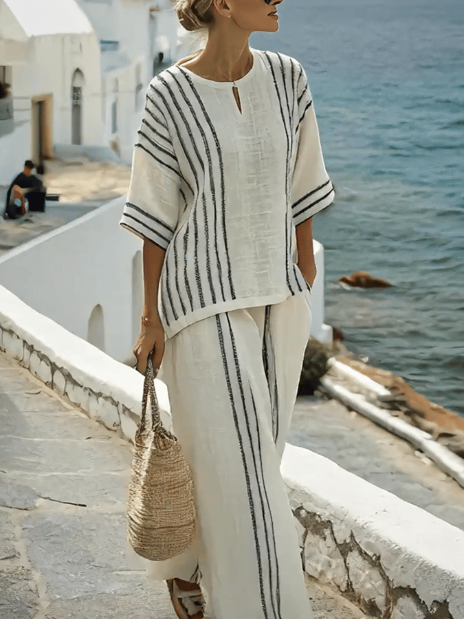 Women'S Loose Slit Contrast Striped Pants Set
