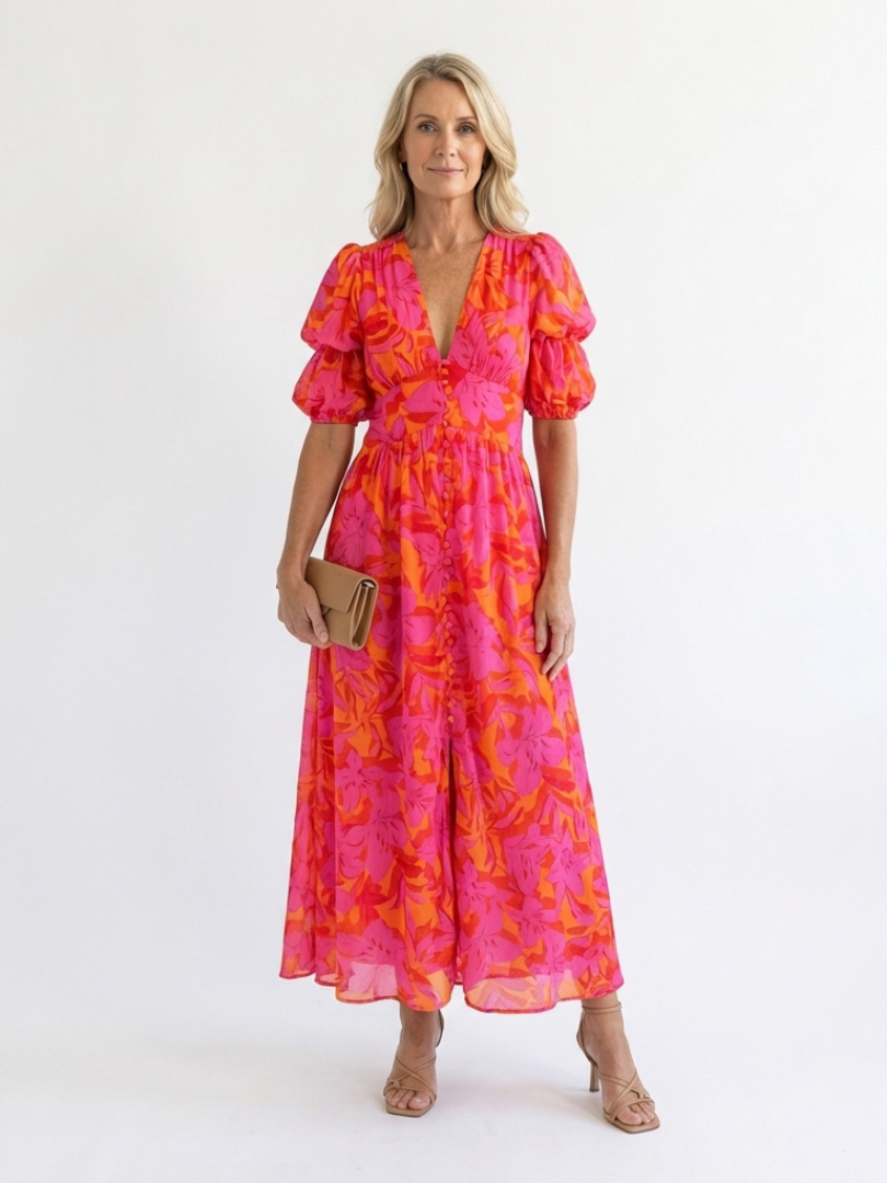 Monica™ | Floral V Neck Puff Sleeve Midi Dress