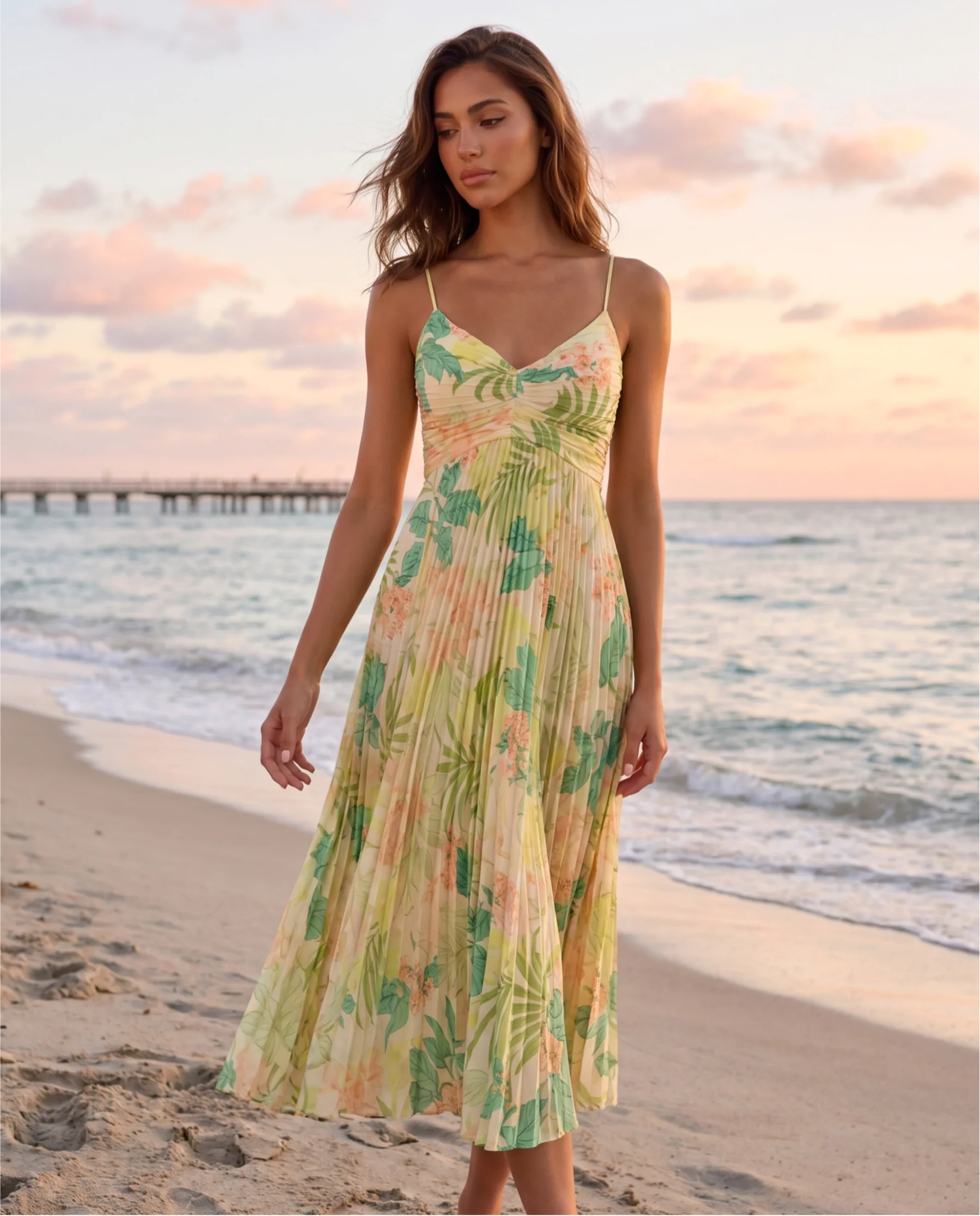 Elviana™ | Floral Pleated Midi Dress