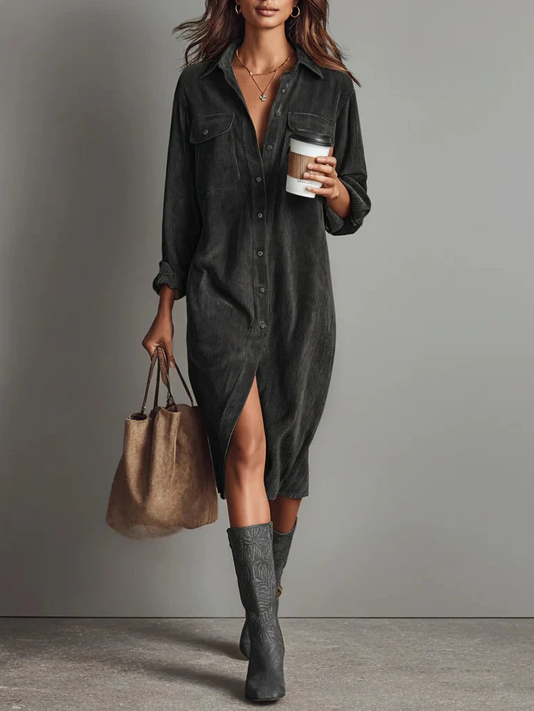 Cambria™ | Corduroy Single Breasted Midi Dress