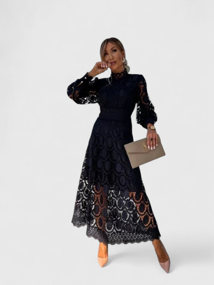 Elisanna | Luxe Lace High‑Neck Midi Dress