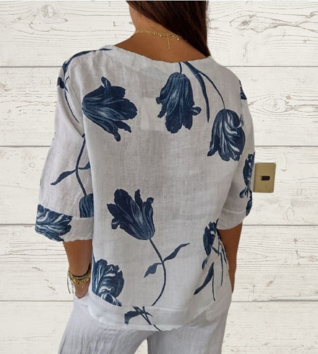 Printed Linen-Cotton V-Neck Pullover Shirt